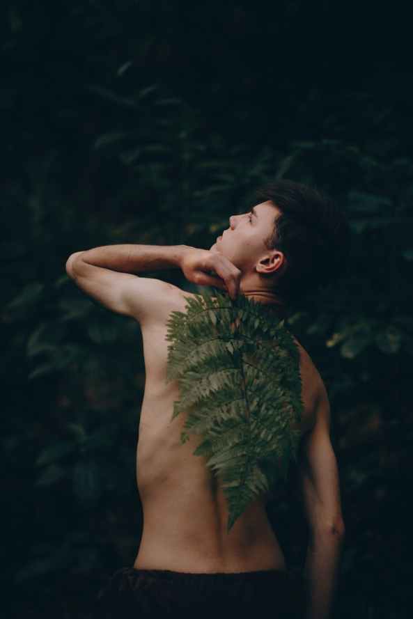 topless man standing while covering his back with green fern plant