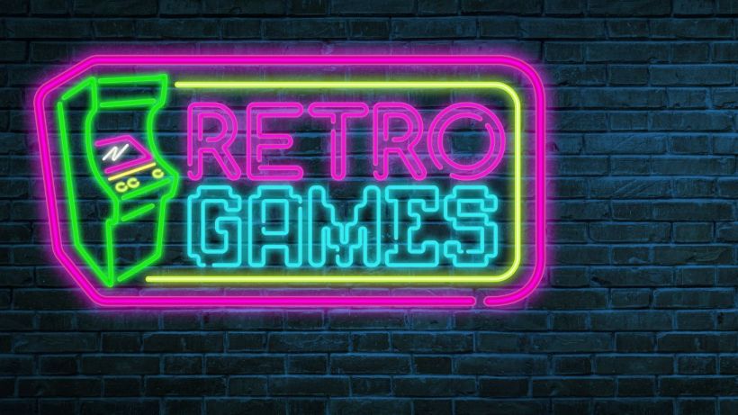 Neon pink, yellow, green, and blue text. Text reads Retro Games